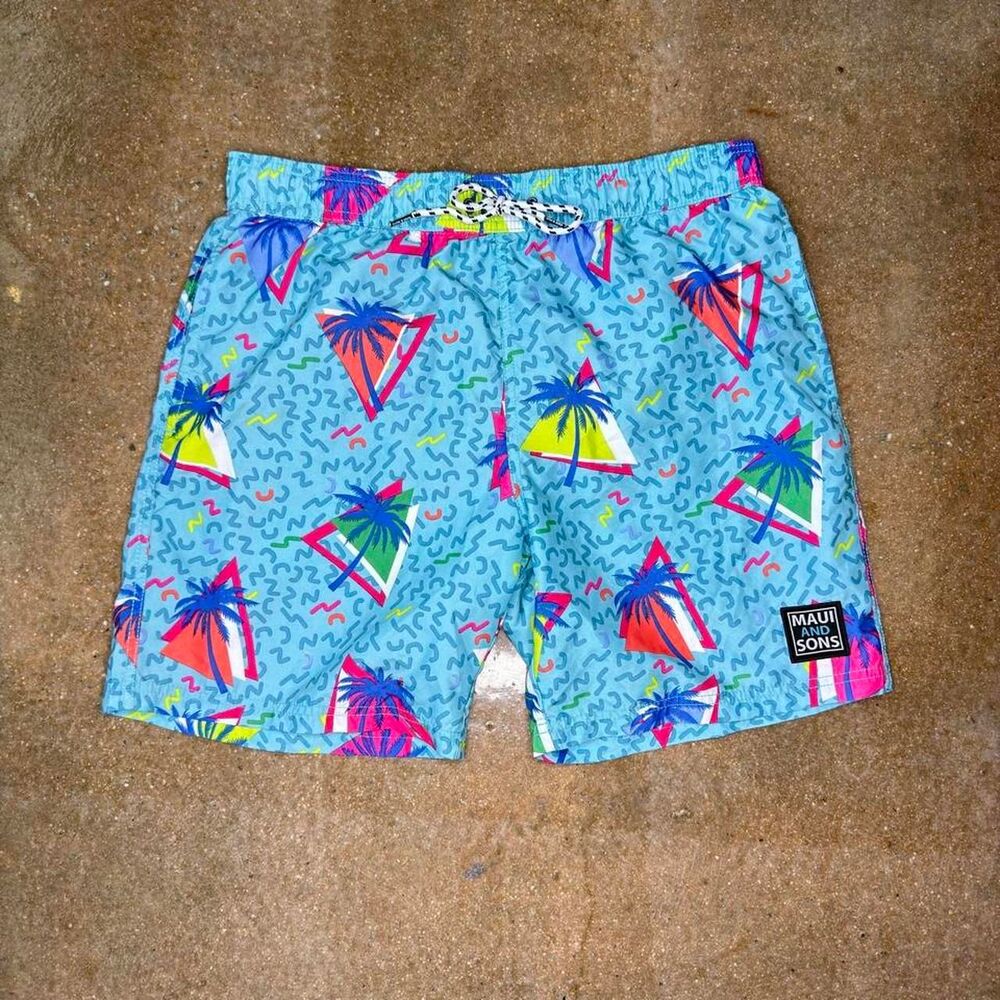 Maui And Sons Swim Trunks Mens Large Retro Neon Palm Tree Beach Shorts